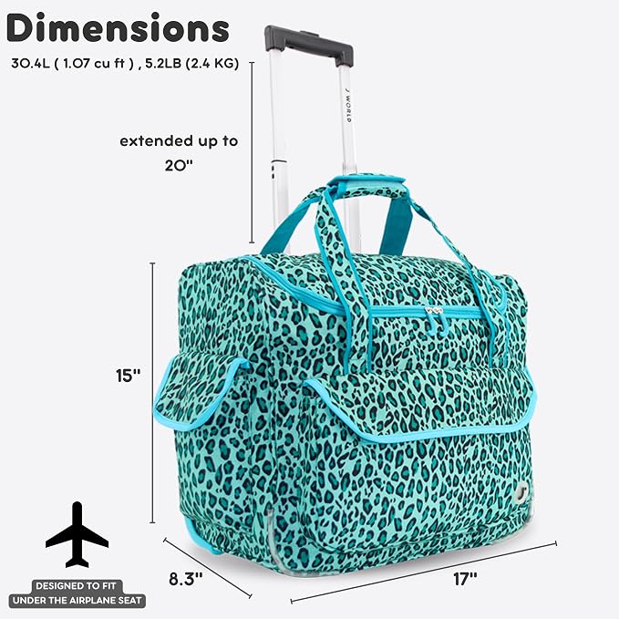J World Donna Rolling Tote Bag on Wheels for Women. Roller Laptop Briefcase. Overnight Weekender Teachers Work, Mint Leopard