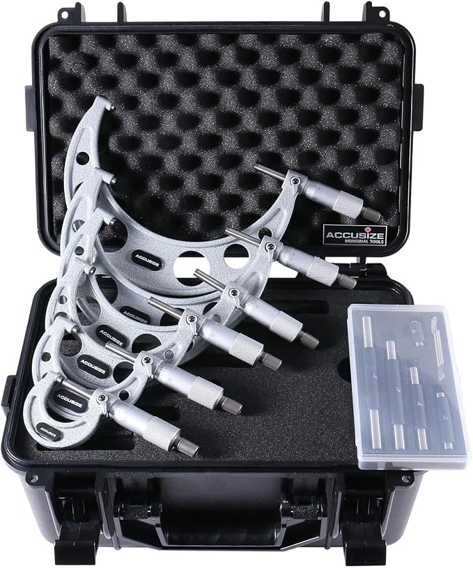 Accusize Industrial Tools 0-6 inch by 0.0001'' Ultra-Precision Outside Micrometers with Carbide Tips 6 Pc Set, Eg00-0906 | 0-6 in x 0.0001" Ultra-Precision M-Type, Carbide Tipped, with Standards