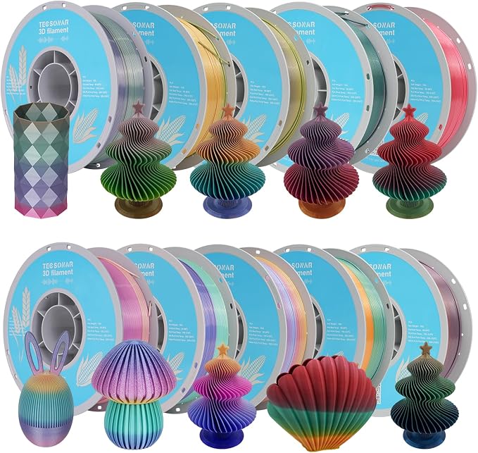 Silk Rainbow PLA 3D Printer Filament, 10 Rolls,1KG Spool(2.2lbs) 1.75mm 3D Printing Multicolor Gradient Filament Bundle for Most FDM 3D Printers,10 Different Silk Rainbow Colors