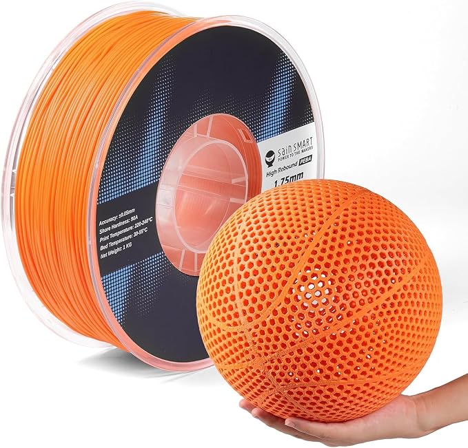 SainSmart PEBA High Rebound 90A Flexible Filament, 1KG (2.2lbs), Super TPU with 78% High Rebound, 20% Lighter & 2X Faster Printing, Nylon-Based Strength, Adjustable Flexibility, 1.75mm, Orange