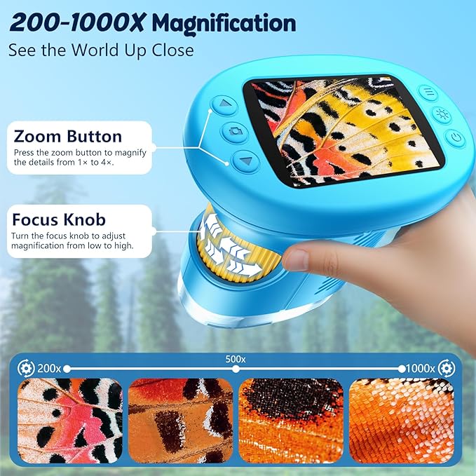 Odatay 4K 1000X Digital Microscope for Kids with Long Distance Viewing & 2.4" Screen, Portable Handheld Edu Toys for Kids Age 3-12 Exploring Bugs Plants at Home Classroom & Outdoor Travel, Blue