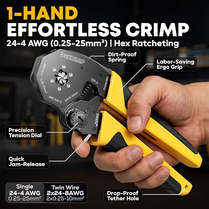 Hex Ferrule Crimping Tool for AWG 24-4(0.25-25mm²), Ratchet Crimper | Self-Adjusting, for Insulated, Uninsulated & Twin Wire Ferrules - For Home Electrical, Control Panels, Car Audio, Solar & RV