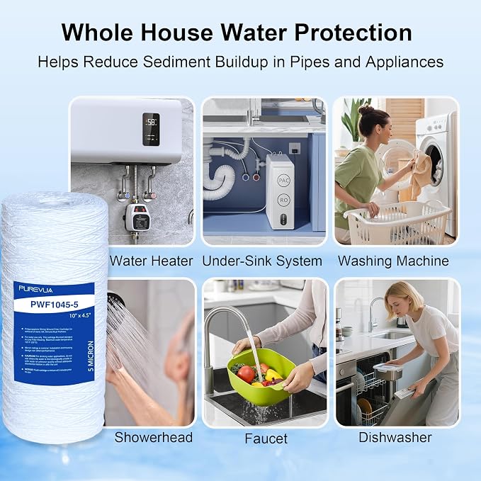 5 Micron 10"x4.5" String Wound Sediment Filter, Whole House Water Filter Cartridge for Well Water, Compatible with WP5BB97P, RS22, SWC-45-1005, Fits Standard 10" Big Housings, 4 Pack