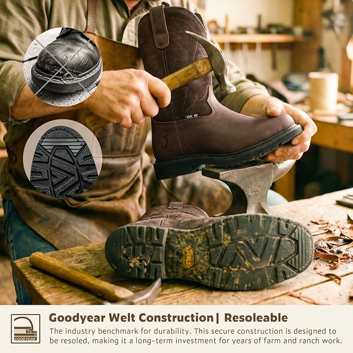 J‘s.o.l.e Men's Cowboy Work Boots Leather Goodyear Welt Non-Slip Rubber Outsole Round Toe Pull-On Brown – Steel Toe & Soft Toe Options