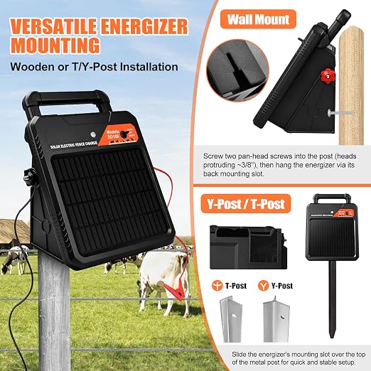 10 Miles Solar Electric Fence Charger 0.16J Output Fence Energizer with Front Visible Switch Design, Peak 8.1KV Output 2.5KV Under Load Portable Solar Fence Charger for Livestock Defense