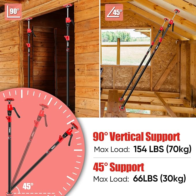 SHALL Cabinet Jack Support Pole, 54-114 in Steel Telescopic Quick Support System Rod, Adjustable 3rd Hand Tool with 154lbs Capacity for Lifting Drywall Cabinet Cargo Bars, 4 Pack w/Storage Bag