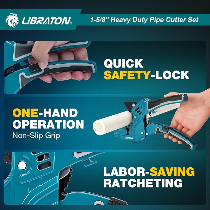 Libraton PVC Pipe Cutter, Up to 1-5/8", Ratchet Pipe Cutter Tool for PEX, PVC, PPR Plastic Hoses Plumbing, Heavy-Duty Pipe Cutter with Deburring Tool Replacement Blade, 2 Adjustable Cutting Ranges