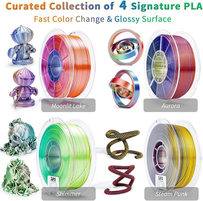 ZIRO Silk Tricolors PLA Filament Bundle, 4 Packs Color Change by Angle Shine Filament 1.75mm, Dimensional Accuracy +/-0.03mm, Fit Most FDM 3D Printer, 1KG x 4 Spool (Glossy Surface)