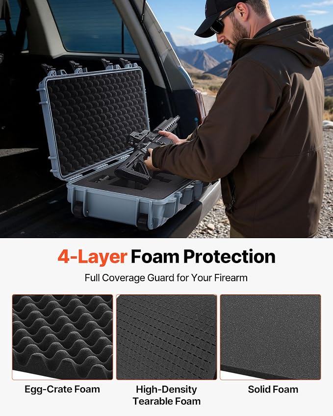 VEVOR Rifle Case, Rifle Hard Case with 4 Layers Fully-protective Foams, Lockable Hard Gun Case with Wheels, IP67 Waterproof & Crushproof, for Rifles or Shotguns