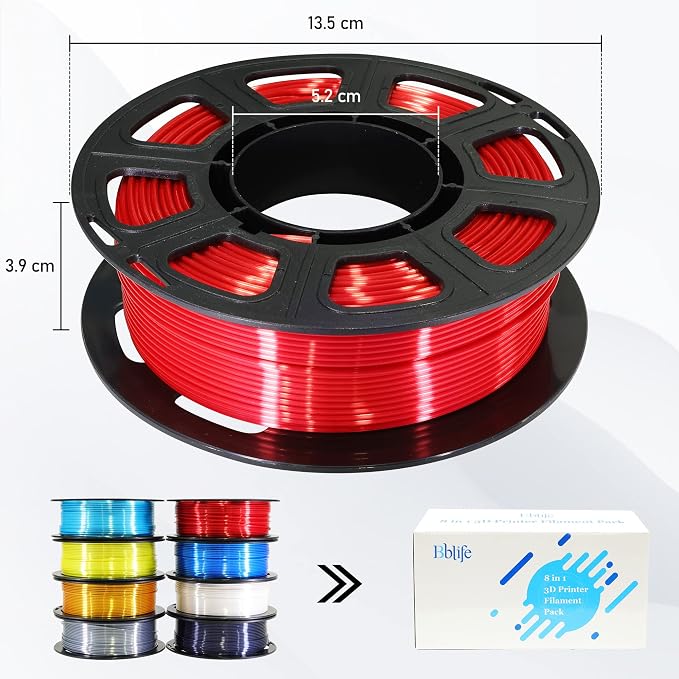 BBLIFE 1.75mm 8 Spools Silk Shiny 3D Printer PLA Filament Bundle Pack: 8 Silk Shiny Colors: Gold Silver White Black Green Purple Red Blue, Each Spool 250g, 8 Spools, Total 2Kg 3D Printing Filament