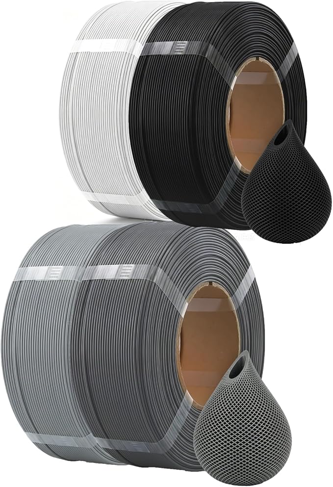 OVERTURE 4KG Bundle High Speed PLA Filament Refill 1.75mm 3D Printer Filament, 4 Pack 1kg (2.2lb) Refilament for Bambu Lab Reusable Spool, Fit Most FDM 3D Printers (Black+White+Grey*2)