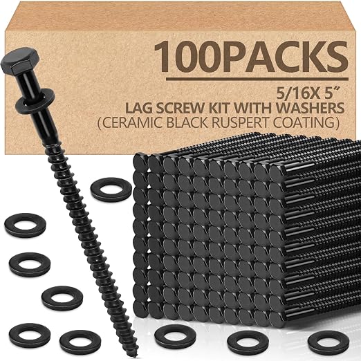 Tandefio 100 Pack 5/16''x5'' Hex Head Lag Bolts for Wood Ceramic Black Lag Screw Kit with Washers Heavy Duty Hot Dip Galvanized Coating Double Layer for Decks Fences