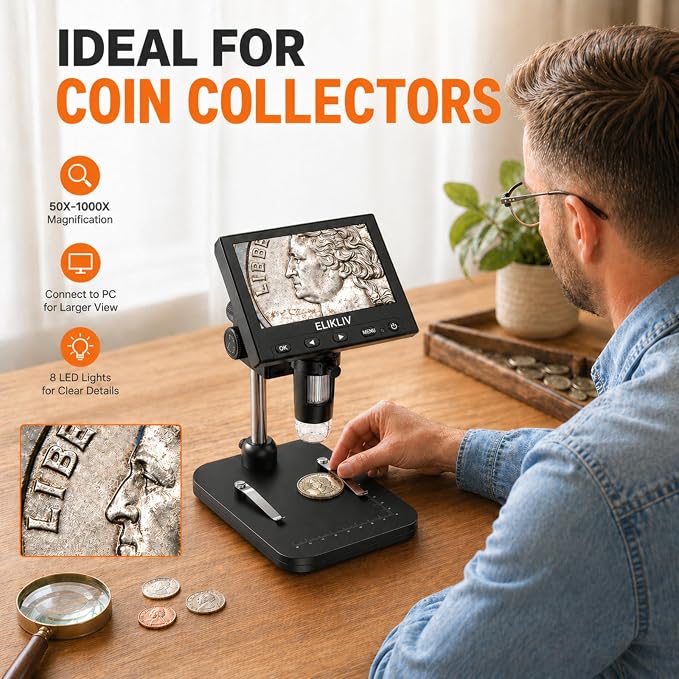 Elikliv Coin Microscope, 4.3'' LCD Digital Microscope 1000x, Coin Magnifier with 8 Adjustable LED Lights, PC View Compatible with Windows/Mac, EDM4B, Black