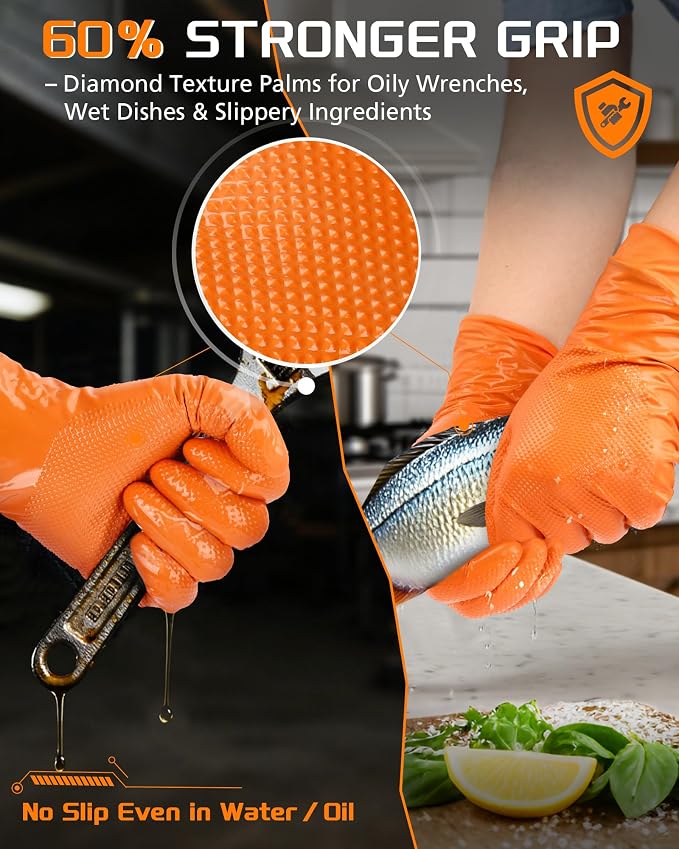 wcy 9 Mil Heavy Duty Orange Nitrile Gloves,Raised Diamond Texture Grip,Industrial Mechanic Rubber Gloves Disposable Latex Free Chemical Resistant Guantes for Work,Cooking,Food Safe - Large,80Count