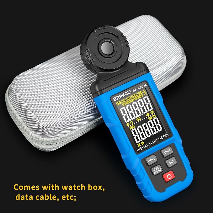 Spectral Illuminance Meter SK-8302A Light Meter, Lux Meter, CCT,RA,CRI,R9,Range up to 200,000 Lux 2500K-15000K, Color Coordinate,Data Storage, USB Charger, PC Software,Lighting Testing Tool