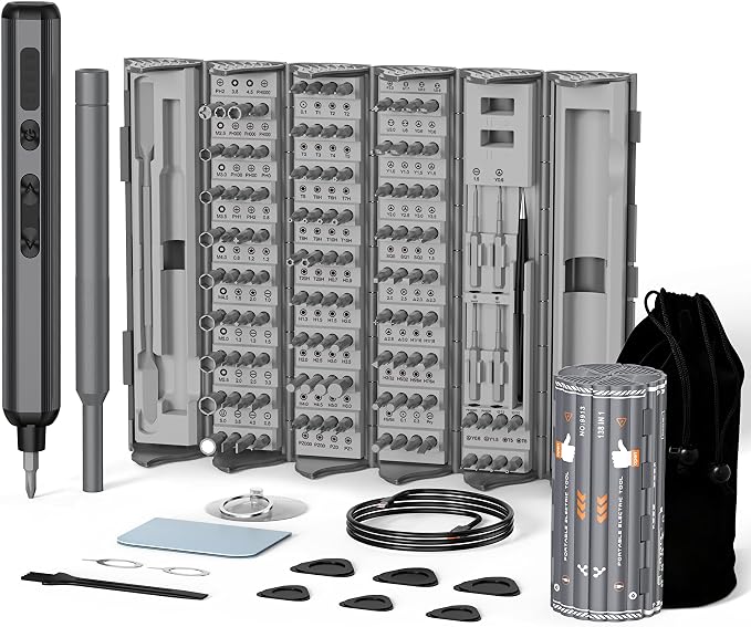 138-IN-1 Electric Screwdriver Set Cordless, Rechargeable Screw Driver with LED Light, 120 Precision Bits, Magnetic Storage Professional Home Repair Tool Kit for Electronics, Camera, Watch, PC RC, Gray