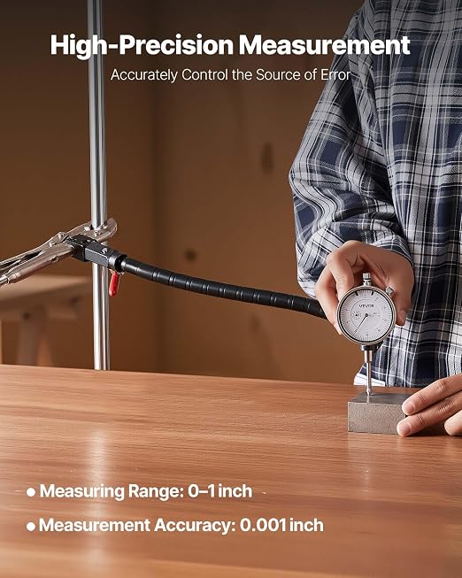 VEVOR Dial Test Indicator with 360-Degree Flexible Arm and 360-Degree Locking Pliers, 0.001 inch Accuracy, 0-1 inch Range, Professional for Machine Set-Up, Narrow Area Measurement, Storage Case