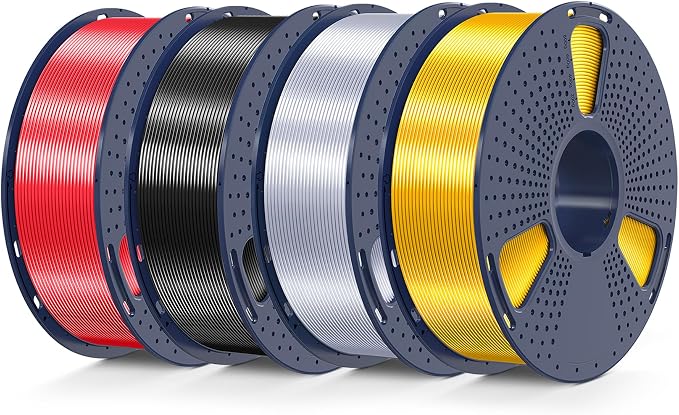 3D Printer Silk Filament, SUNLU Shiny Silk PLA Filament 1.75mm, Smooth Silky Surface, Great Easy to Print for 3D Printers, Dimensional Accuracy +/- 0.02mm, Silk Light Gold+Silver+Black+Red 4KG