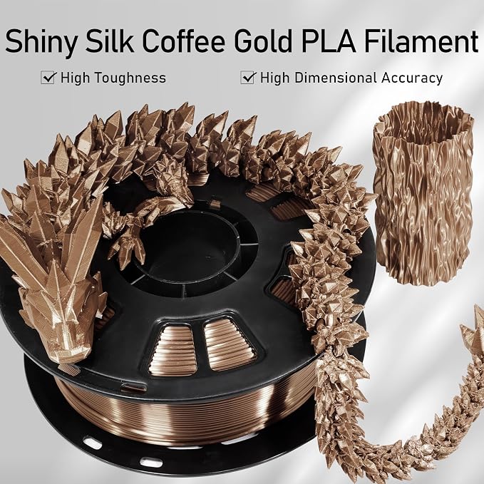 Silk Coffee PLA Satin Shiny 3D Printer Filament, 1.75mm Diameter 1kg Spool 2.2lbs for FDM 3D Printers