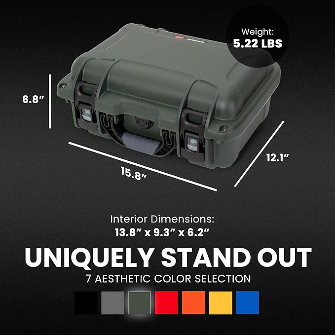 NANUK 915 Hard Case with Cubed Foam – Compact Waterproof Travel Camera Hard Case with Padded Dividers, 13.8” x 9.3” x 6.2” – Dustproof and Impact Resistant, Airline Carry-On Approved – Olive