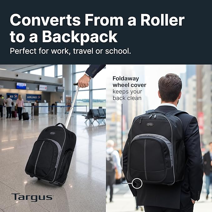 Targus 16 Inch Compact Rolling Backpack, Black - Wheeled Travel Bag Fits Laptops Up to 16”