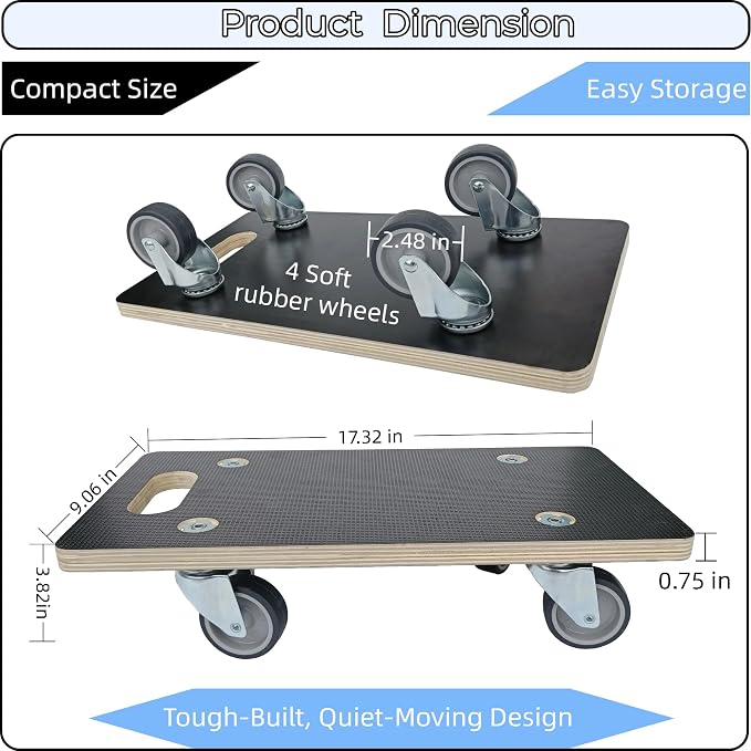 Furniture Moving Dolly Wood Platform Dolly 2 Packs, 17.32 x 9.06 inch, 882 lbs Capacity Heavy Duty Wood Dollies cart with Wheels, Movers Carrier with 4 Soft Rubber Silent Wheels