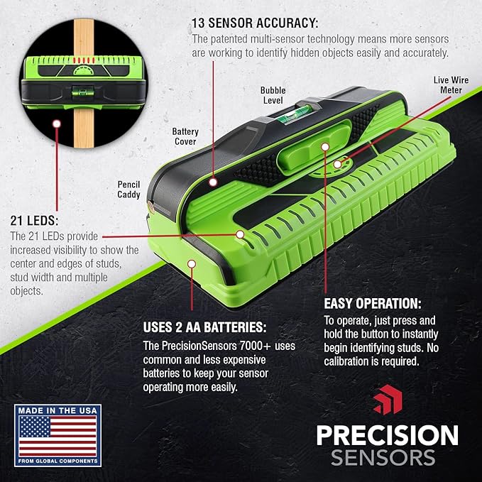 Franklin Sensors ProSensor M210 Stud Finder with 13-Sensors, Wood & Metal Stud Detector/Wall Scanner, Live Wire Detection (Green), Made in The USA