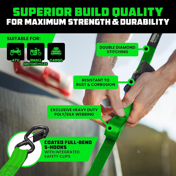 Rhino USA Retractable Ratchet Straps (2-Pack) - 1 Inch x 10 Feet (1,209lb Break Strength) - Auto Self Retracting Tie Down Straps for Truck, Cargo Trailer, Motorcycle, ATV, UTV - Green