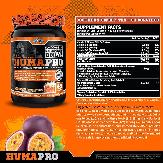 ALR Industries HumaPro Essential Amino Acid Formula | EAA Protein Supplement | Supports Muscle Recovery & Performance | Vegan, Gluten Free | | 45 Servings (Southern Sweet Tea)