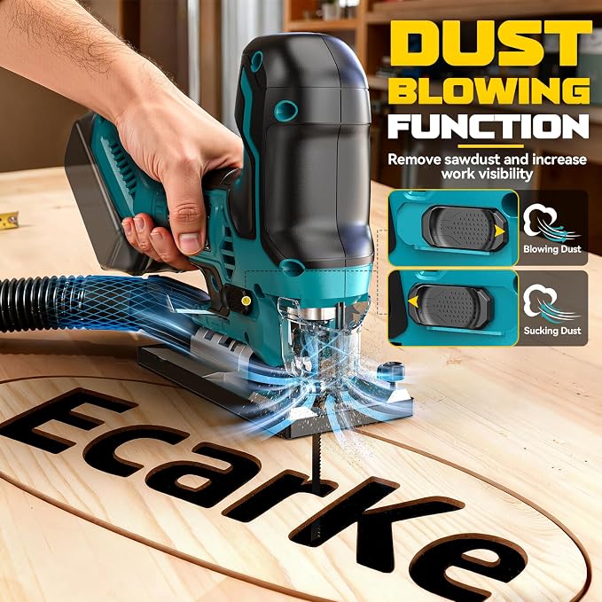 Ecarke Cordless Jig Saw Compatible With Makita 18V Battery, Brushless Motor 3800RPM, 7 Speeds Dial Control, Free-Tool ±45° Bevel Cuts, 4 Orbital Action, Dust Blows and 6 Blades For Cutting, Tool Only