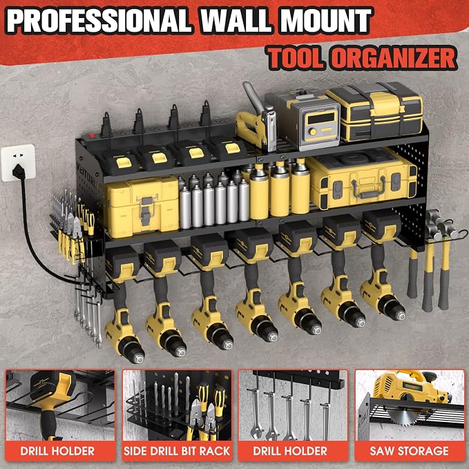 Veitorld Power Tool Organizer with Charging Station, Heavy Duty Modular Wall Mount Rack for Garage & Shed Organization, 9 Drill Holders, Fathers Day Anniversary Birthday Gifts for Men Dad Him Husband