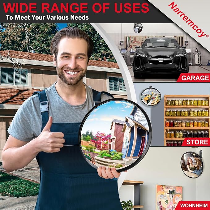 2 Pack 12 Inch Acrylic Convex Mirror with Rain Shield, Adjustable Wide Angle Security Mirror Indoor Outdoor, Blind Spot Traffic Mirror for Garage, Warehouse, Driveway, Store, Office Safety
