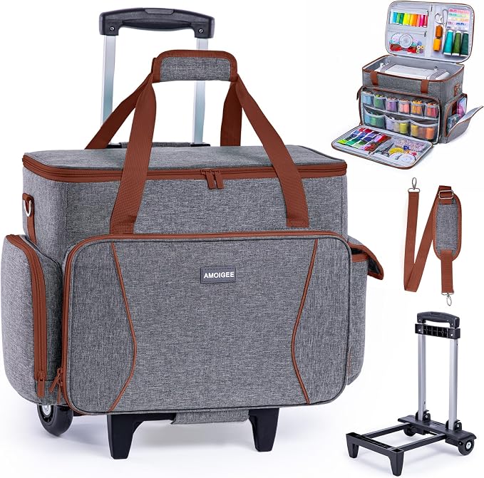 AMOIGEE Rolling Sewing Machine Case with Wheels – Sewing Machine Bag with Detachable Wheels Frame, Trolley Tote with Removable Padding,Fits Most Standard Machines Compatible with Singer,Brother,Janome
