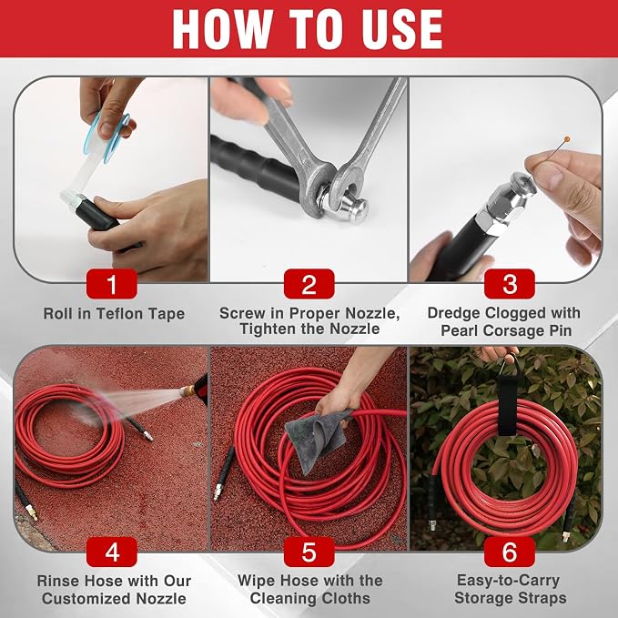 Sewer Jetter Kit 50FT for Pressure Washer, 5800 PSI Drain Cleaner Hose 1/4 Inch NPT with Spray Nozzle, Button Nose and Rotating Sewer Jetting Nozzle, Spanner Teflon Tape Pearl Corsage Pin