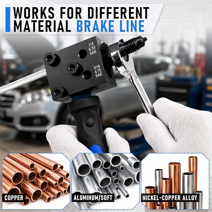 Brake Line Flaring Tool Kit, 45° SAE Single/Double & Bubble Flare Tool | Removable Handle, for 3/16", 1/4" Copper & Aluminum Tubing, for Vehicle Brake and Hydraulic Line Repair