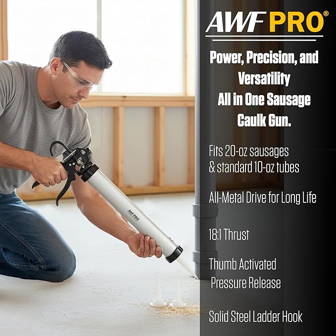 AWF PRO Sausage Caulking Gun, 20 oz Foil Pack and 10 oz Cartridge Convertible, 18:1 Thrust Ratio, Aluminum Barrel, Includes 3 Tips