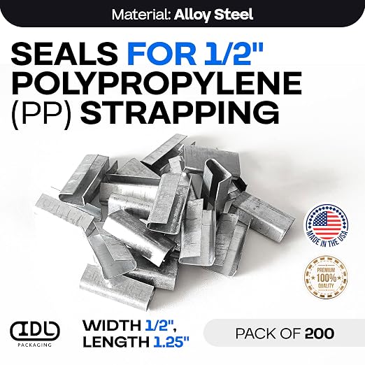 IDL Packaging Open (Snap-On) Seals of 1.25" Length for 1/2" Strap Width Polypropylene (PP) Strapping (Pack of 200) - Strong Metal Clips with Superior Holding Power