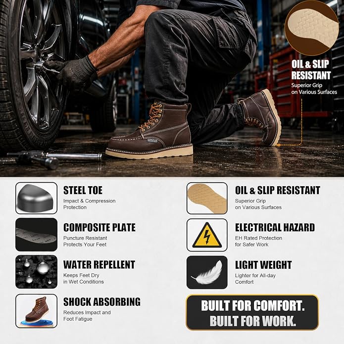 Work Boots for Men, 6" Leather Lightweight Comfort Moc Toe Steel Toe Puncture Resistant Wedge Safety Boots, Goodyear Welt, Industrial, Construction, Electrician, US 7-17