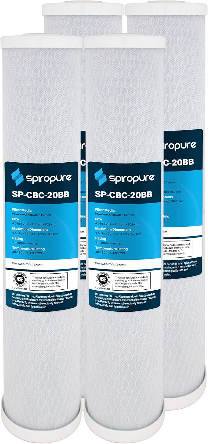 SpiroPure 20x4.5 1 Micron NSF Carbon Block Water Filter CB-45-2001 (4 Pack)