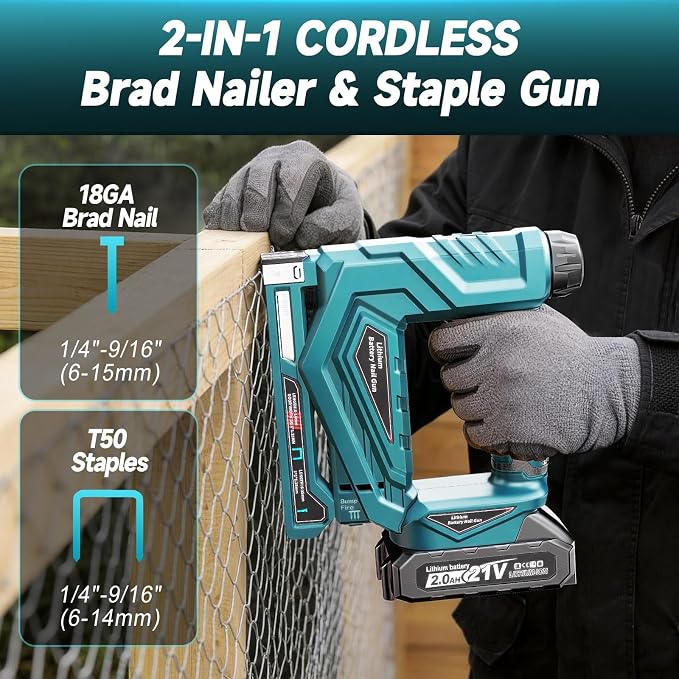 3/8” Electric Staple Gun, 18GA 2 in 1 Cordless Nail Gun/ T50 Crown Stapler with 2000 Brad Nails and Staples, 2 Firing Mode & Force Adjustment, for Upholstery and DIY
