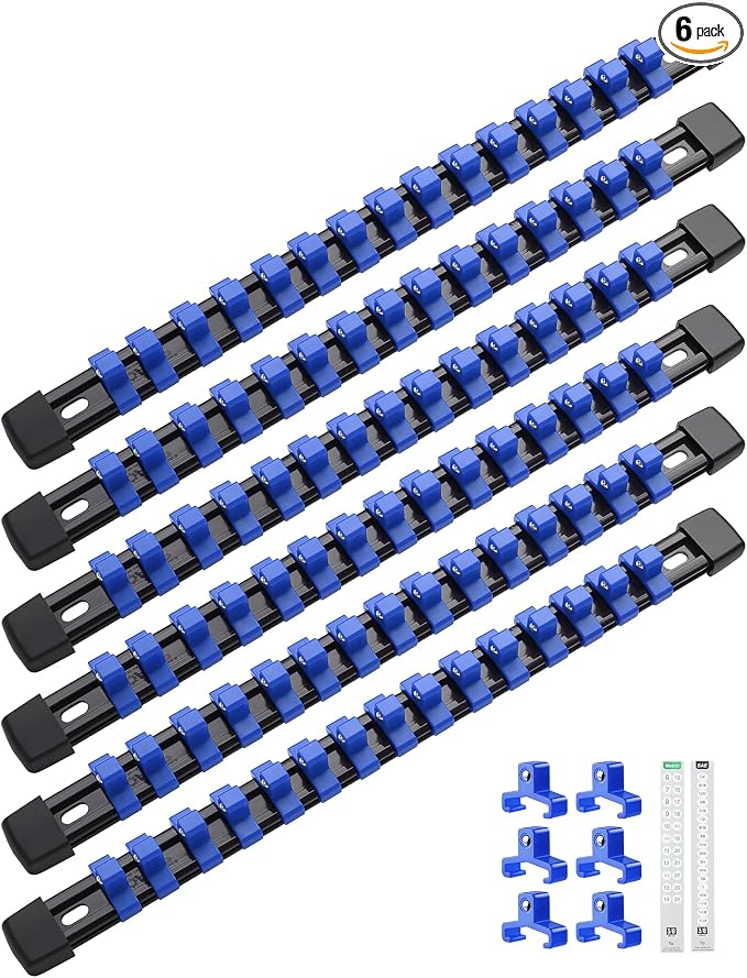 ALOANES 6PC ABS Socket Organizer, Socket Rails Fit 3/8 inch Drive | Portable Heavy Duty Socket Holders Hold up 90 Sockets for Toolbox Drawer Bags(Blue)