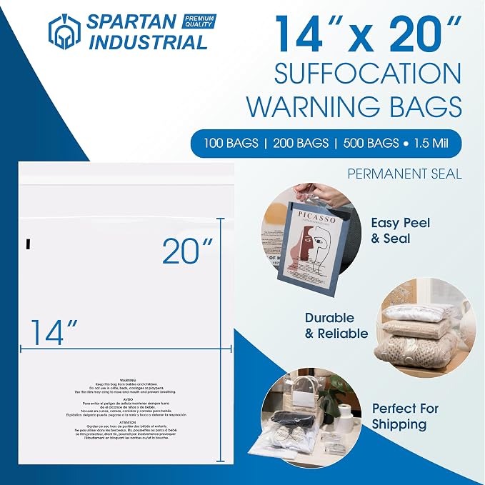 Spartan Industrial - 14” X 20” (200 Count) Self Seal Clear Poly Bags with Suffocation Warning for Packaging, Clothes - Permanent Adhesive