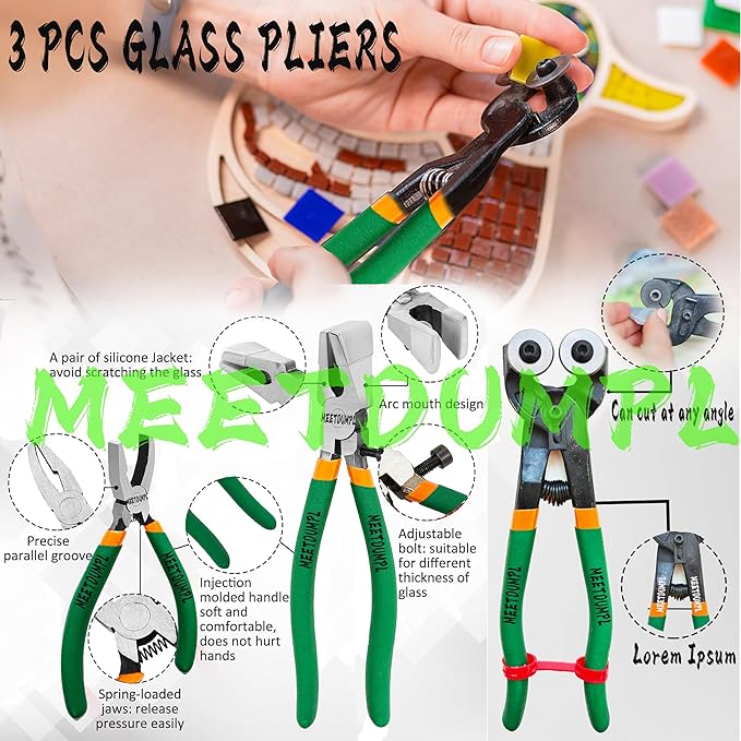 Stained Glass Kit，Stained Glass Supplies，Glass Cutters Tools,Heavy Duty Glass Running Pliers，Wheeled Glass Nippers，Breaker Grozer Pliers，Glass Cutter，for Stained Glass,Mosaics,Fusing,Breaking (7)