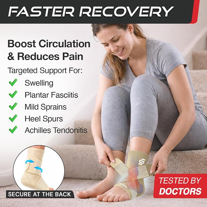 Sleeve Stars Ankle Brace for Women & Men, Ankle Wrap for Sprained Ankle, Compression Sleeve for Plantar Fasciitis Relief, Easy Customizable Support: w/Removable Strap (Single/S:9"-10"/Beige)