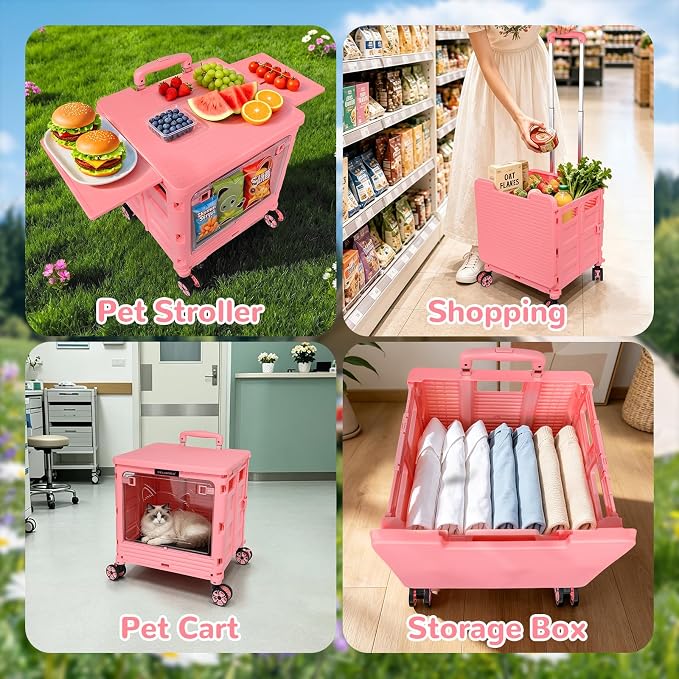Pet Stroller, Dog & Cat Stroller for All-Season, Lightweight Foldable Carrier with 360° Front Wheels, Adjustable Handle, Breathable Hole Basket for Home Outdoor Travel Shopping (Pink)