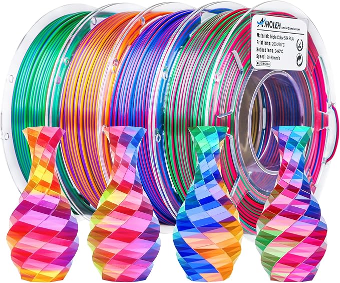 AMOLEN 3D Printer Filament Bundle, Triple Colors Coextrusion Silk PLA Filament 1.75mm +/-0.02mm,Shiny Color Change 3D Printer Filament for Most FDM 3D Printer 200g X 4 Pack