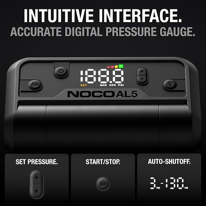 NOCO Air AL5: Cordless Tire Inflator – Portable Rechargeable Air Compressor with USB-C – 17 LPM Inflates 0–40 PSI in 7 Minutes – Digital Gauge + Auto-Shutoff – For Tires up to 31-Inches