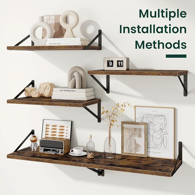 Floating Shelves 12 Inch Deep, 48W x 12D Wall Shelf Set of 2, 70 lbs Heavy Duty Reversible Metal Brackets, Industrial Book Shelf for Living Room Kitchen Bath Bedroom Coffee Bar, Rustic Brown