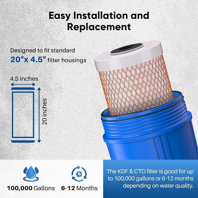 PUREPLUS 5 Micron 20" x 4.5" Whole House Coconut Shell Activated Carbon and KDF Water Filter, Heavy Metal Removal Replacement Water Filter, CTO20BB-KDF, 1 PACK