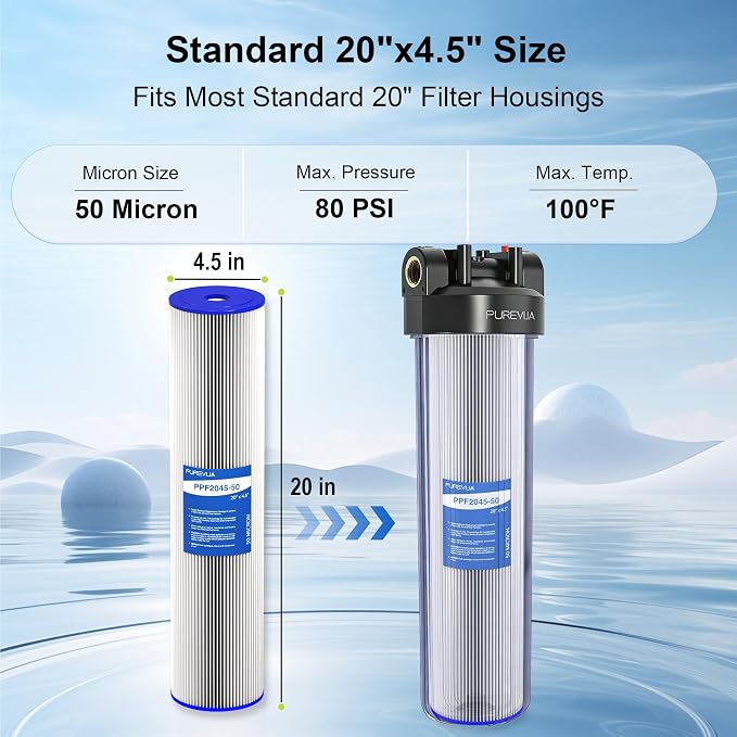 2-Pack 20" x 4.5" Pleated Sediment Water Filter Cartridge, 50 Micron High Flow Whole House Water Filter Replacement for Well Water, Compatible with ECP20-20BB, SPC-45-2020